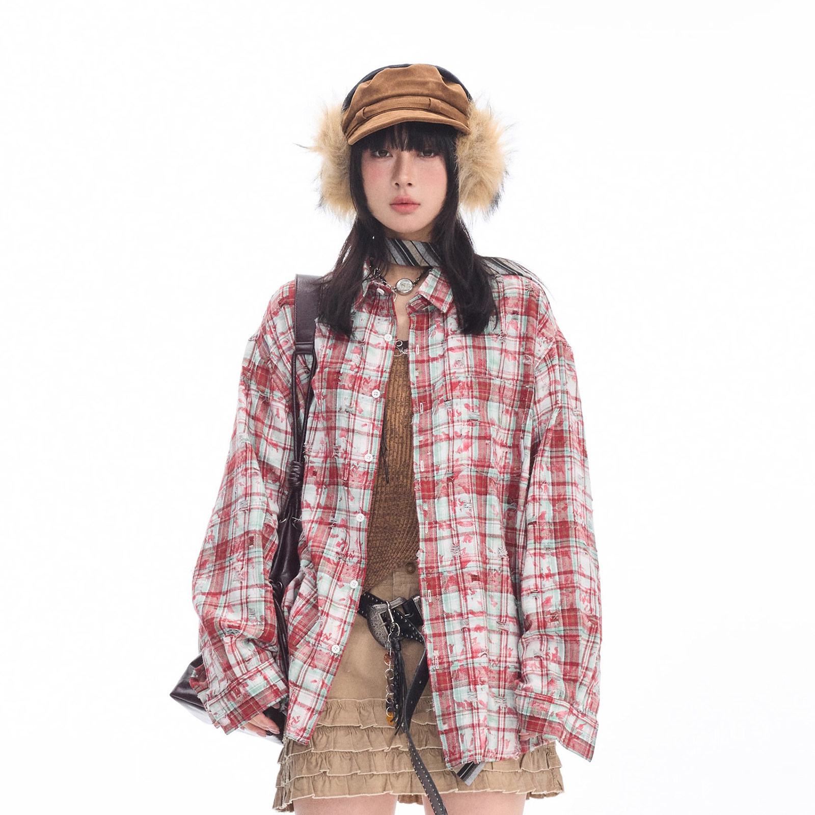 FGXS 美式复古扎染碎花破洞格子长袖衬衫男女秋季学生宽松衬衣潮