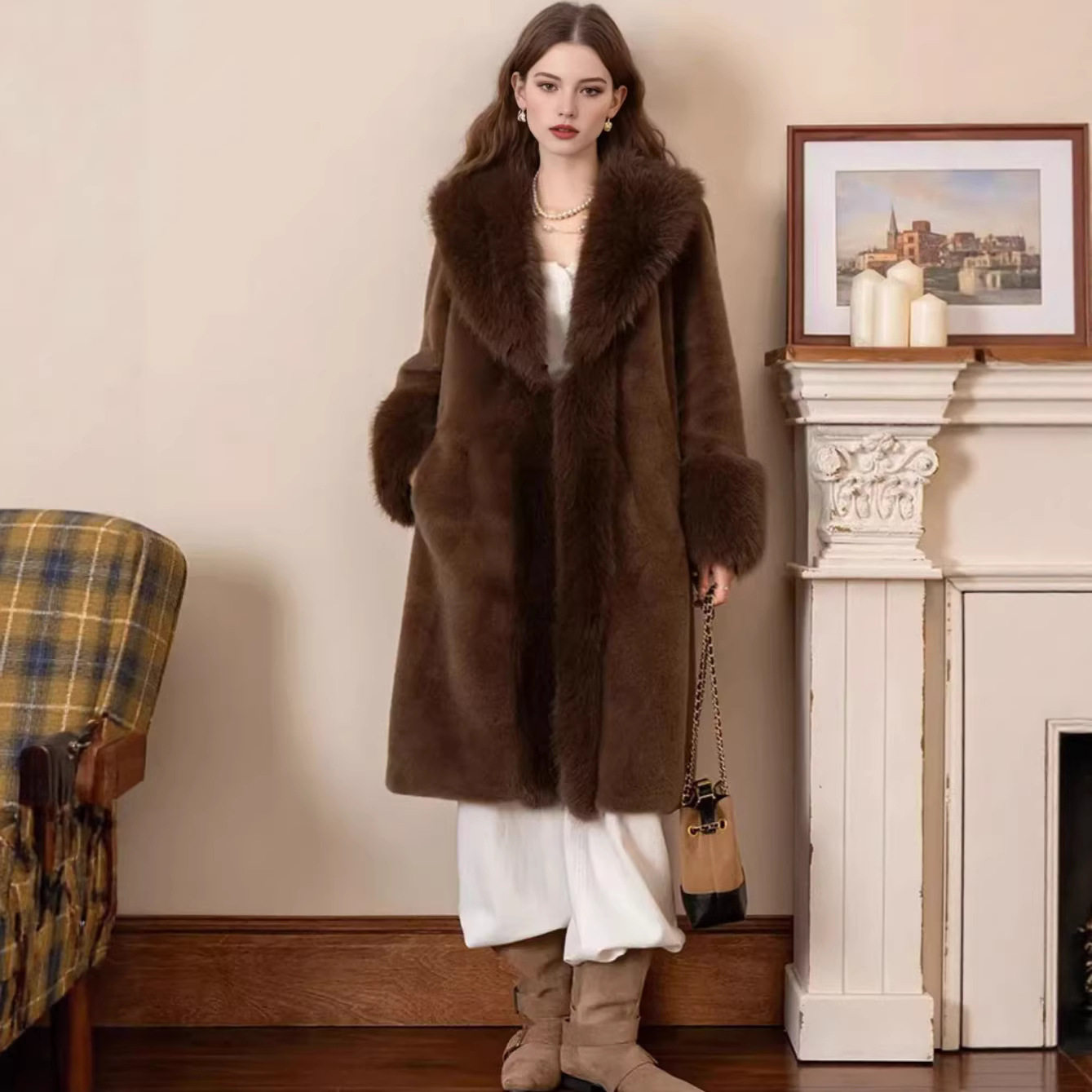 欧美秋冬女中长款托卡仿皮草西服领外套大衣人造毛仿皮草外套
