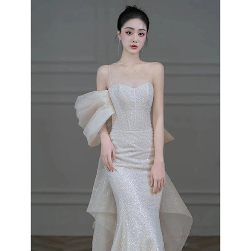 轻婚纱晚礼服2025新款夏高端轻奢性感吊带鱼尾生日主纱白色高级感