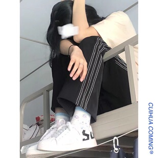 黑色阔腿裤女秋季韩版宽松显瘦百搭直筒拖地裤夏款学生运动休闲裤