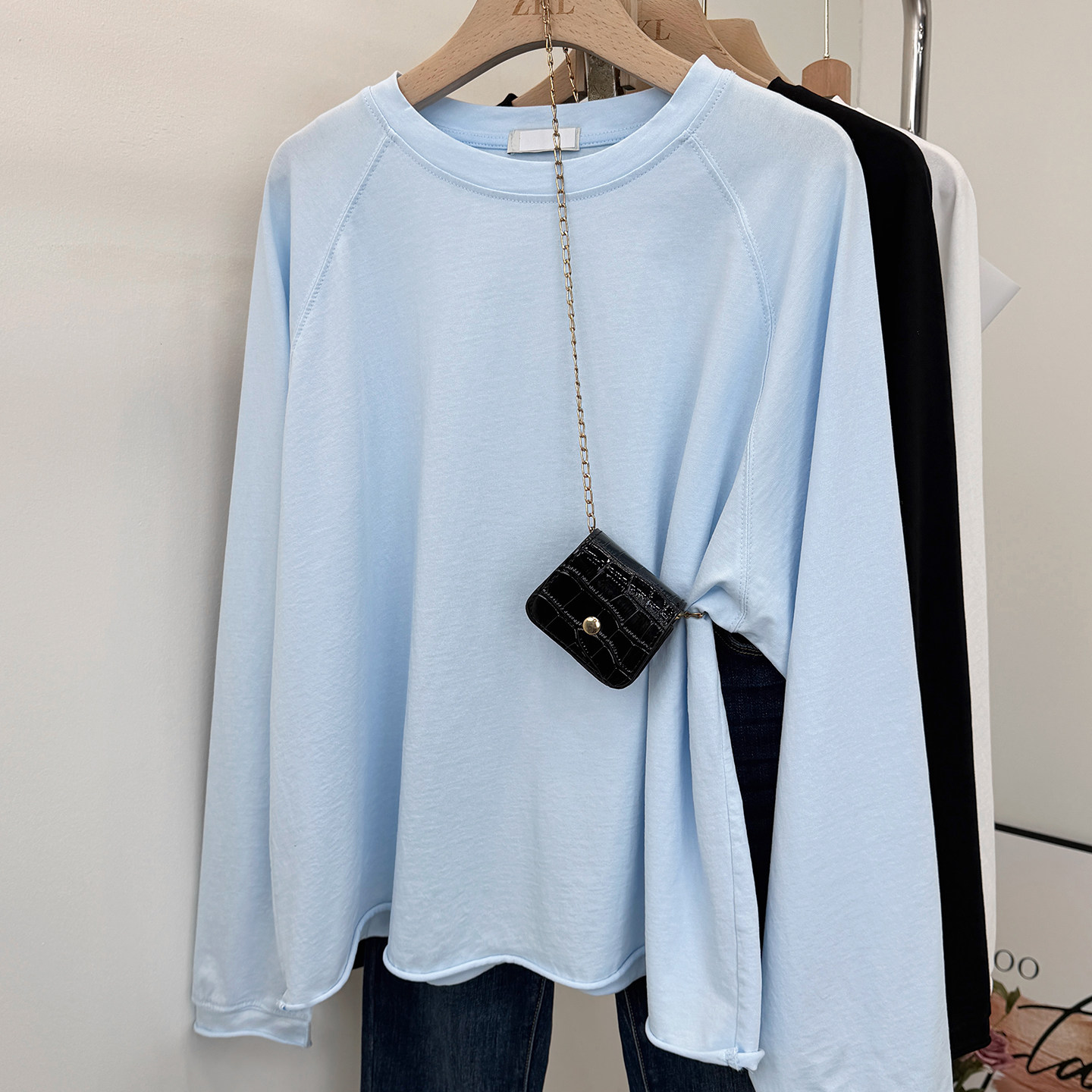 雪花棉宽松遮肉长袖t恤女大版T松弛感2026春秋简约卷边设计感上衣,女装/女士精品,T恤,淘宝优惠券,粉丝福利购,淘宝优惠卷