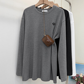 上衣灰色刺绣爱心长袖 T恤女冬季 松弛感中长款 搭配鲨鱼裤 打底衫 ins