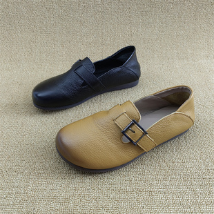 断码鞋清仓处理真皮女鞋头层牛皮圆头搭扣牛筋软底舒适简单妈妈鞋