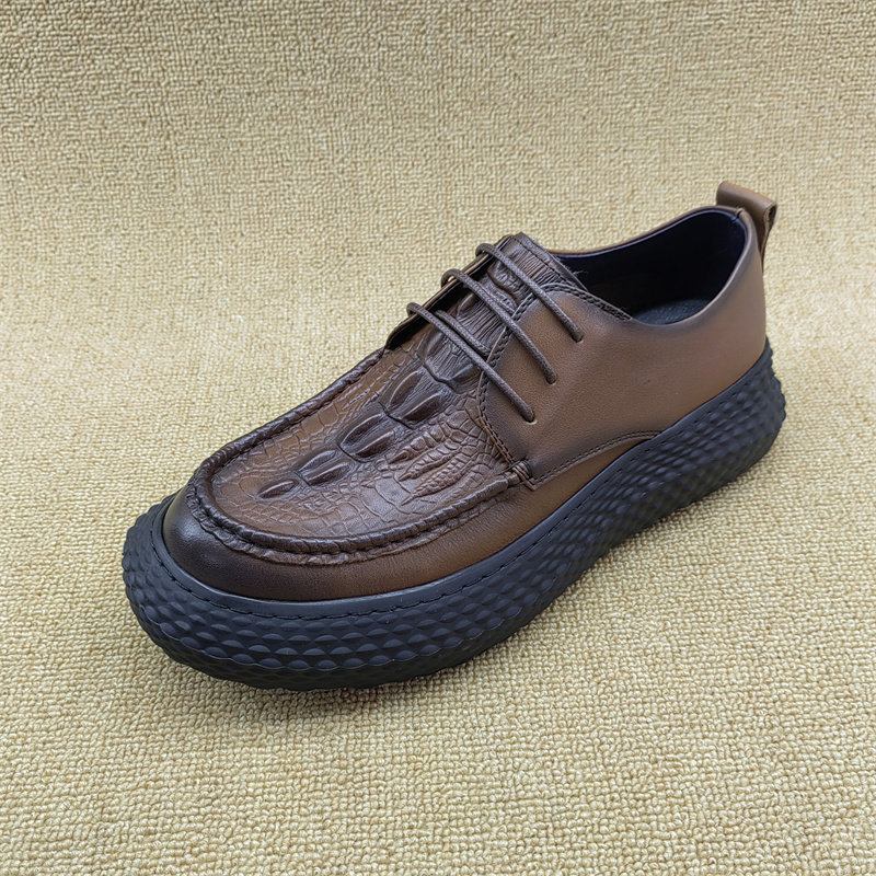 断码鞋清仓处理真皮男鞋头层牛皮圆头系带压花鳄鱼纹厚底轻质皮鞋