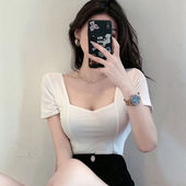 黑色短款 2024夏季 t恤女紧身显瘦打底衫 方领性感短袖 锁骨上衣 新款