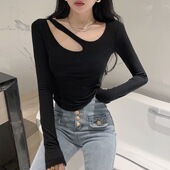 T恤衫 2023秋冬加绒打底衫 黑色性感镂空上衣女紧身露锁骨内搭短款