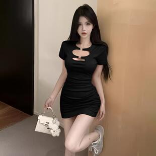 纯欲性感辣妹镂空短袖连衣裙女超显身材皱褶收腰显瘦T恤包臀短裙