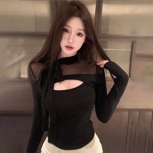 女内搭 上衣打底衫 秋冬独特别致性感甜辣镂空拼接网纱修身 显瘦短款