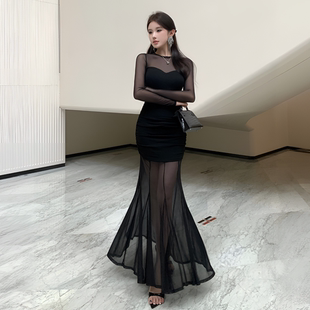 黑色御姐穿搭长袖 辣妹收腰显瘦性感包臀鱼尾裙长裙 连衣裙子女秋季