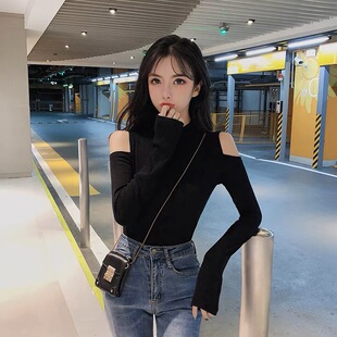 露肩性感上衣女黑色打底衫 显瘦镂空圆领T恤 2023秋冬洋气内搭修身