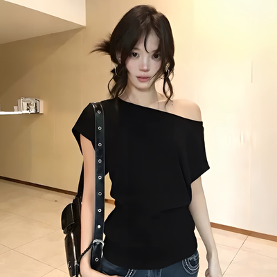 夏季黑色斜肩修身褶皱短袖T恤