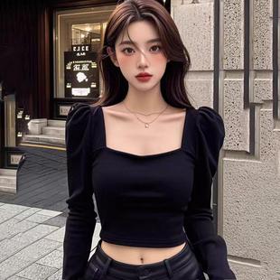 法式泡泡长袖方领打底衫女内搭设计感长袖T恤别致甜辣妹短款上衣