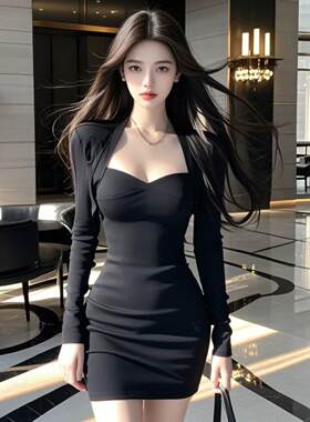 黑色性感修身收腰长袖包臀短裙