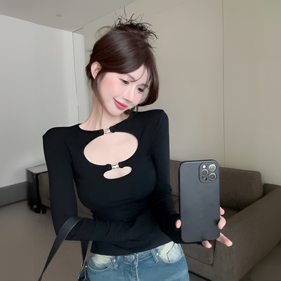 黑色长袖打底衫女设计感上衣女