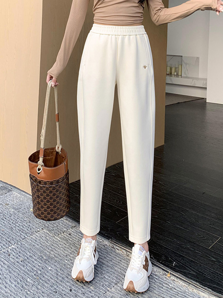 米白运动卫裤女九分春秋季新款高腰显瘦时尚休闲萝卜加绒哈伦裤子