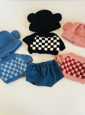 30cm关节泰迪熊毛绒玩偶衣服情侣男女款棋盘格毛衣帽子牛仔裤换装