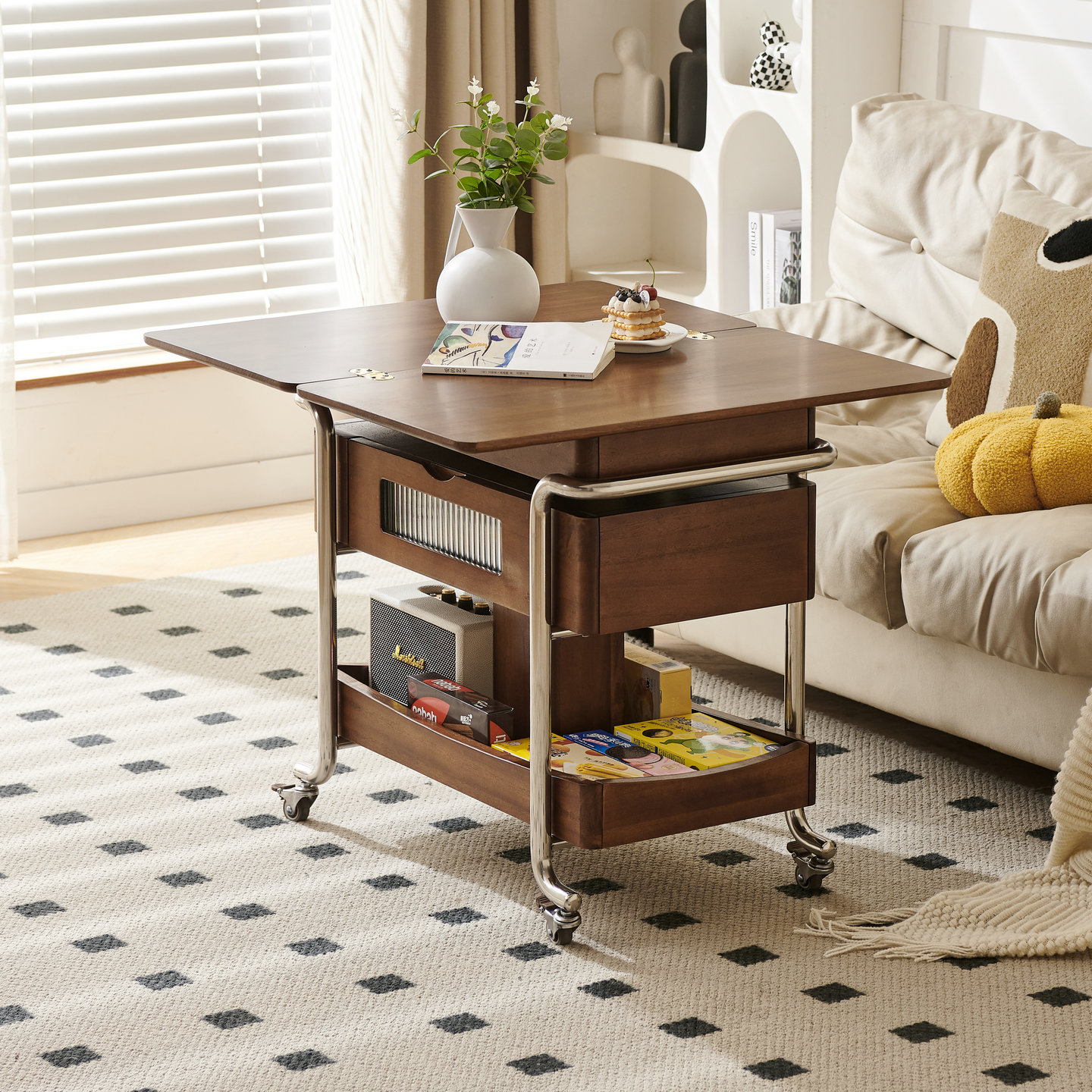 实木多功能小推车可移动升降茶几