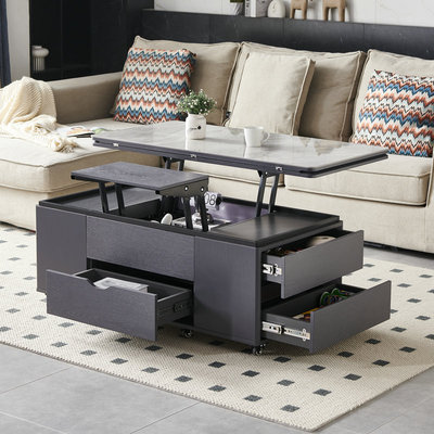 多功能岩板升降茶几两用一体小户型客厅可移动伸缩储物茶几餐桌