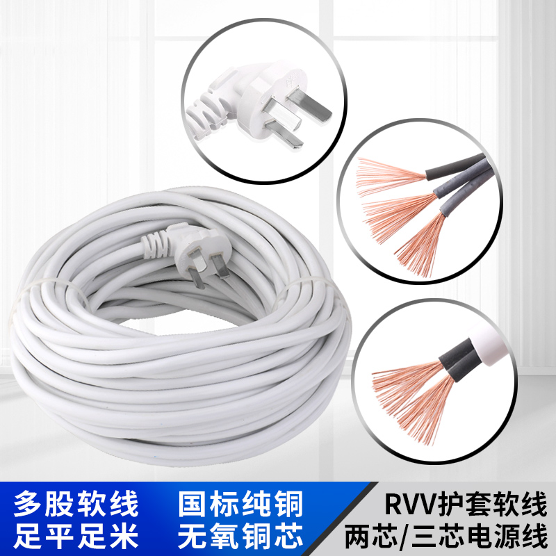 两芯三芯护套线三项孔带10A插头2-20米1.5平2.5平方电源线连接线