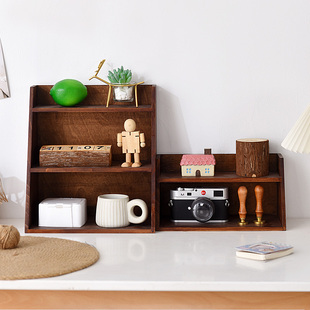 木质双层复古收纳架实木办公室收纳整理架桌面置物架化妆品水杯架