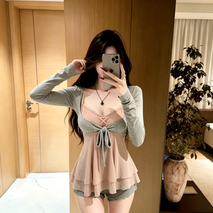 IQCQ纯欲韩系慵懒感系带灰色开衫绑带V领吊带上衣短裤三件套女夏