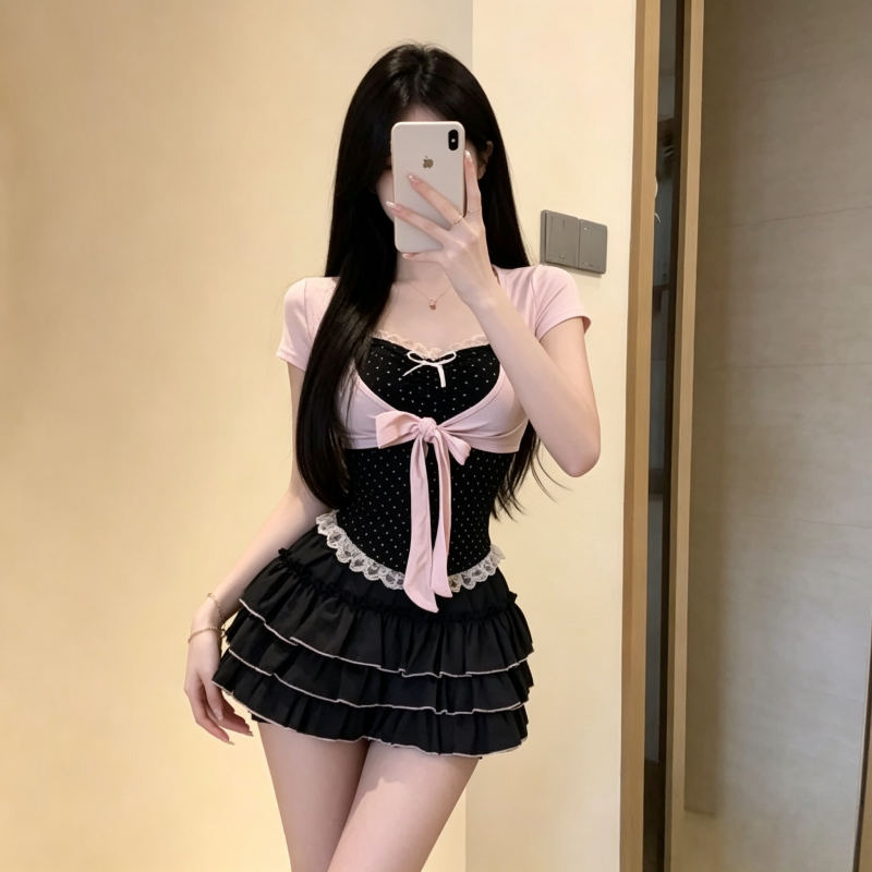 IQCQ轻奢定制甜辣短袖开衫波点抹胸上衣套装修身显瘦蛋糕裙三件套图片