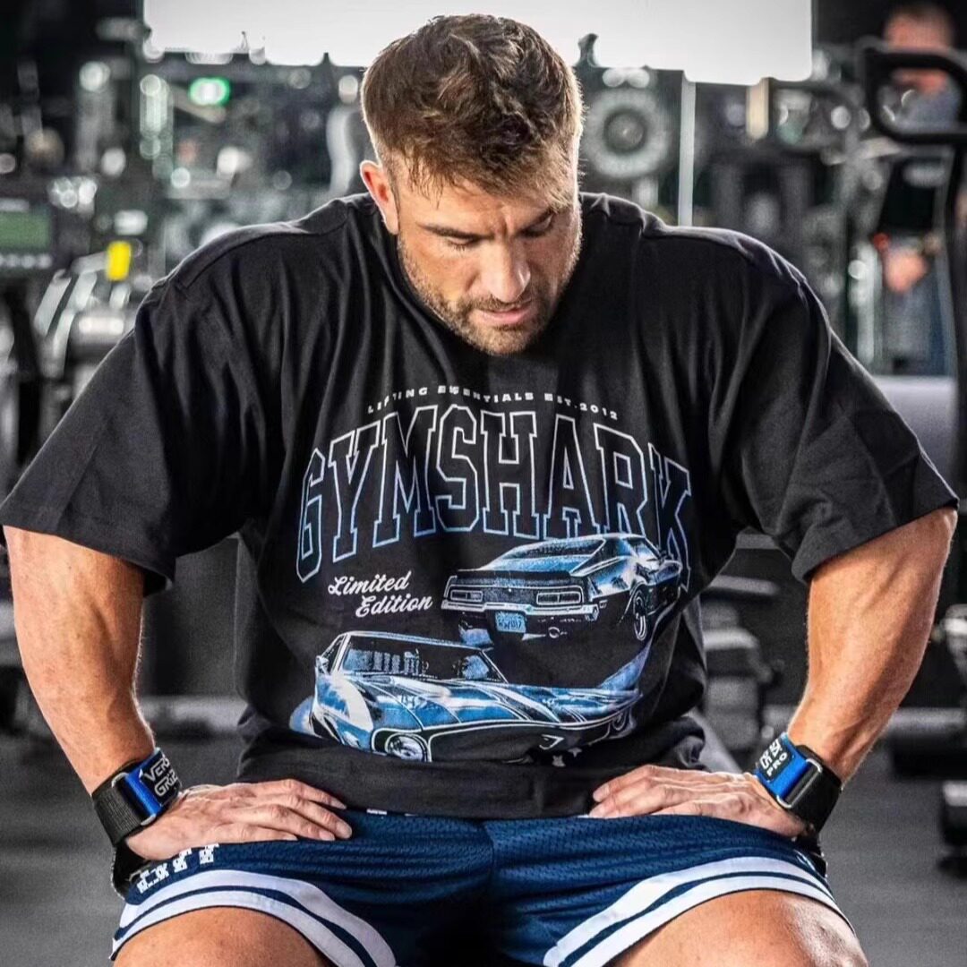 鲨鱼GYM肌肉男健身宽松全棉短袖T恤男女运动美式透气小领口五分袖