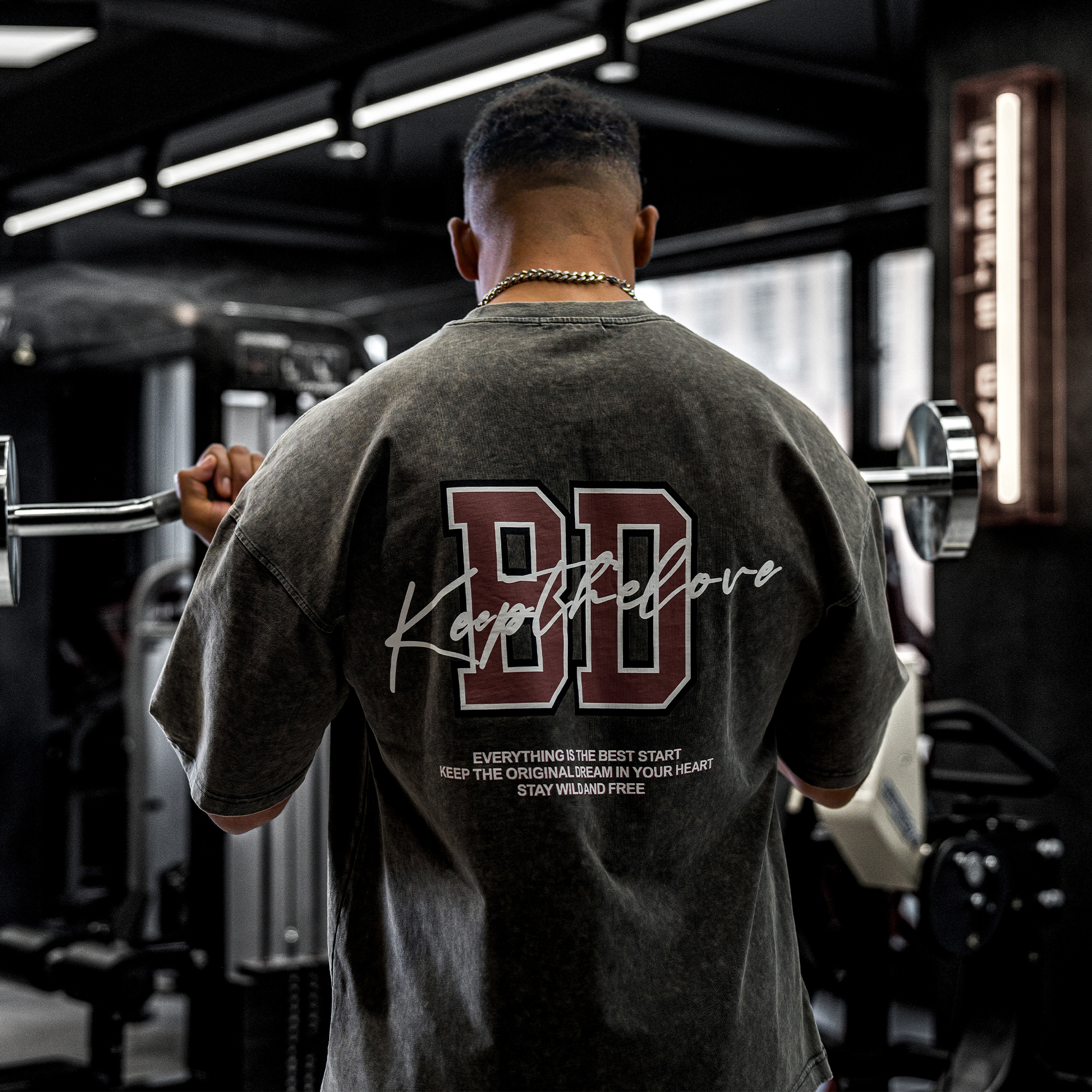 bdpowerup新款纯棉美式健身短袖时尚复古原创印花运动T恤男宽松