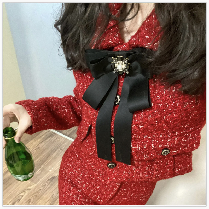 超大小香风领花领结女财阀千金套装领口蝴蝶结配饰网红博主推荐款