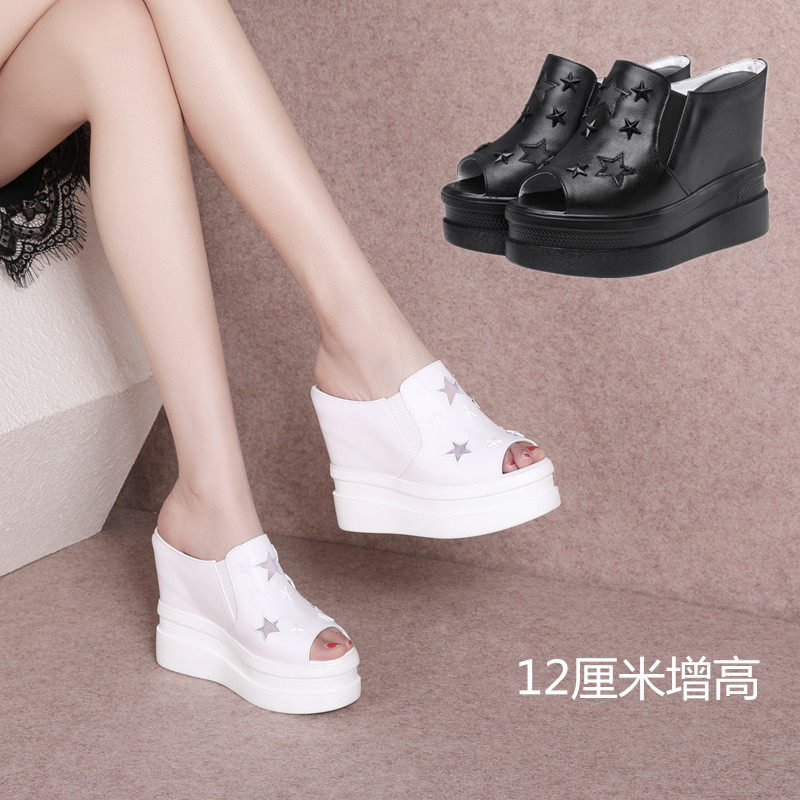 12cm坡跟韩版休闲超高跟鱼嘴拖鞋女夏季外穿真皮厚底松糕黑色凉拖