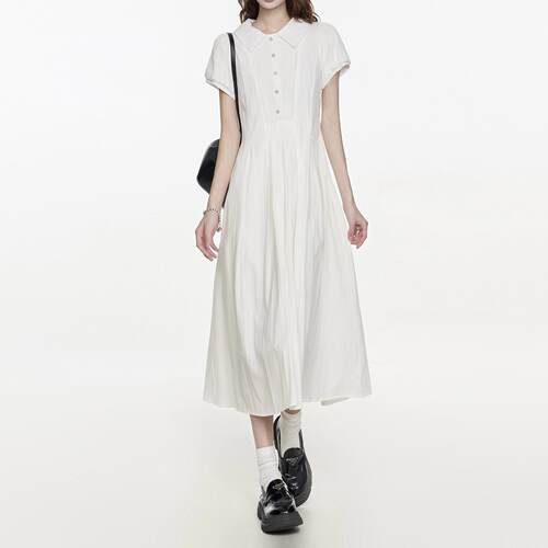 白色短袖连衣裙女2026夏季新款小个子韩版polo温柔风收腰显瘦长裙