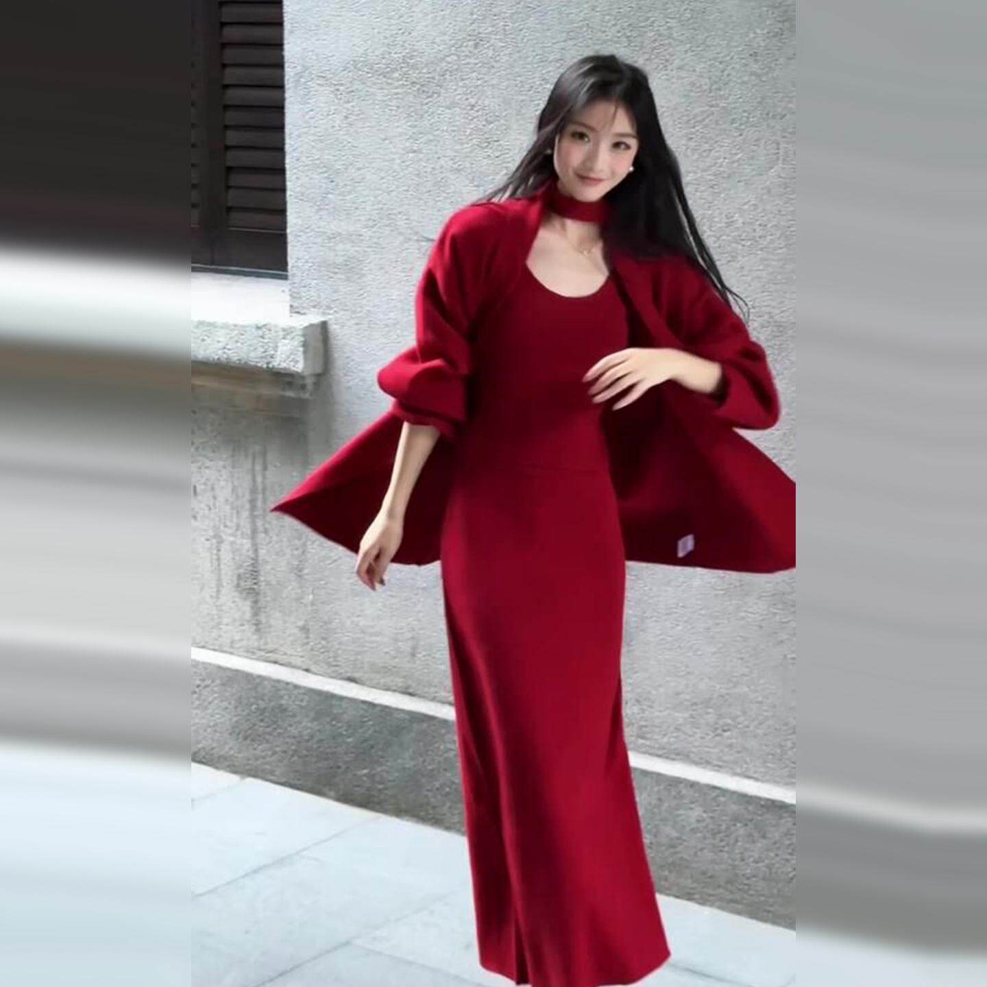早春穿搭红色针织毛衣套装连衣裙子女秋季2025新款初秋穿搭一整套