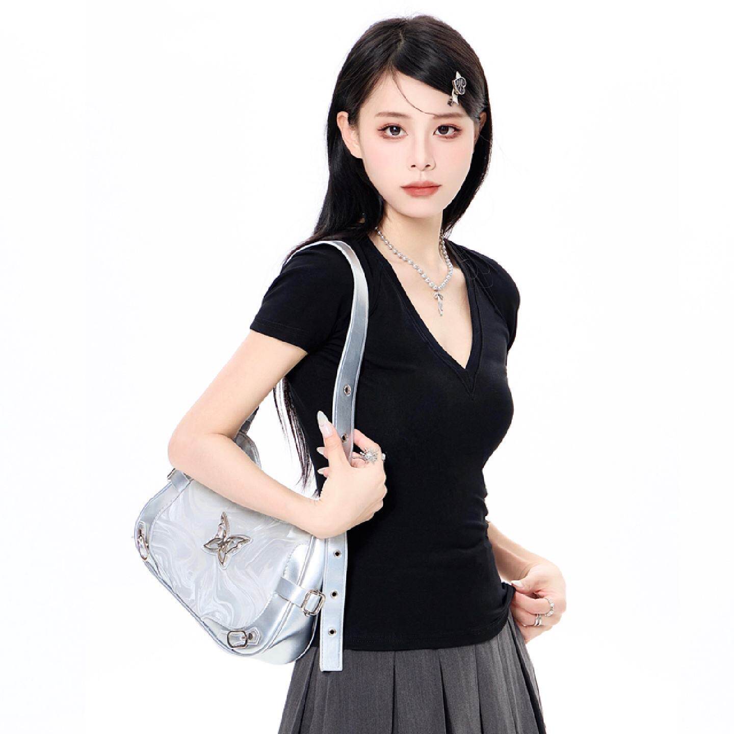 黑色V领修身短袖t恤女设计感掐腰收腰小个子辣妹风韩版打底上衣夏