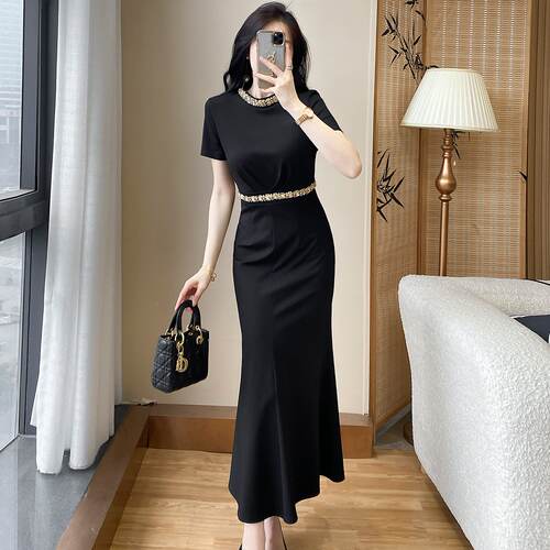 高端质感黑色鱼尾连衣裙气质长裙女夏季高级感名媛晚宴礼服小黑裙