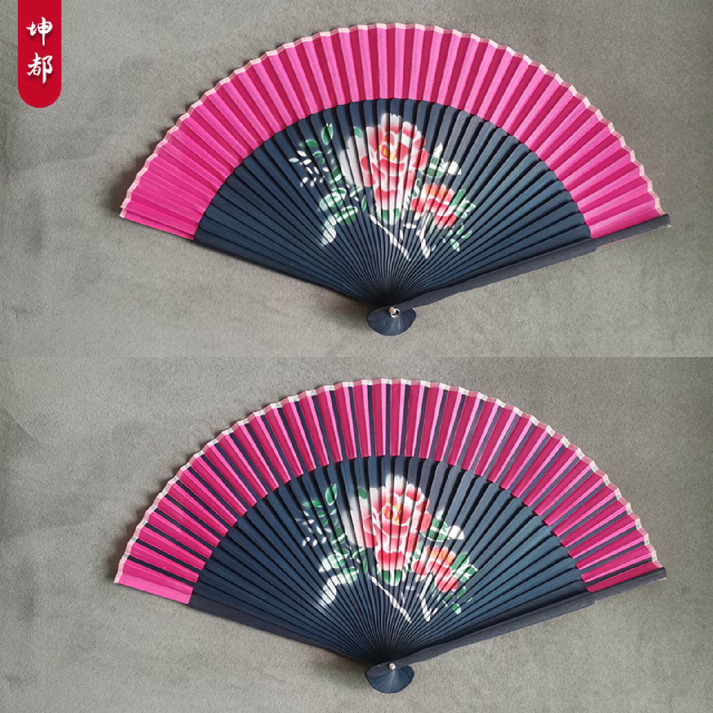 跳舞走秀黑红布扇双面花扇子古风旗袍折扇便宜中国风古典舞蹈扇子