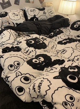 ins秋冬加厚牛奶绒黑色煤球四件套水晶绒1.5m1.8法兰绒保暖三件套