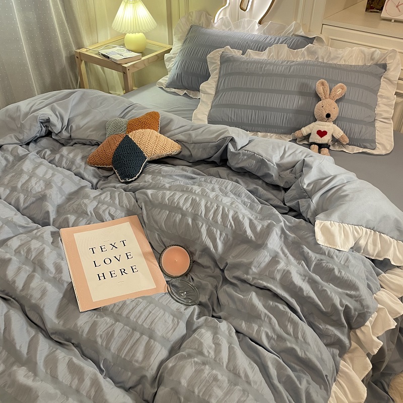 公主风床上四件套韩式ins小清新天蓝色花边学生被套1.5宿舍三件套