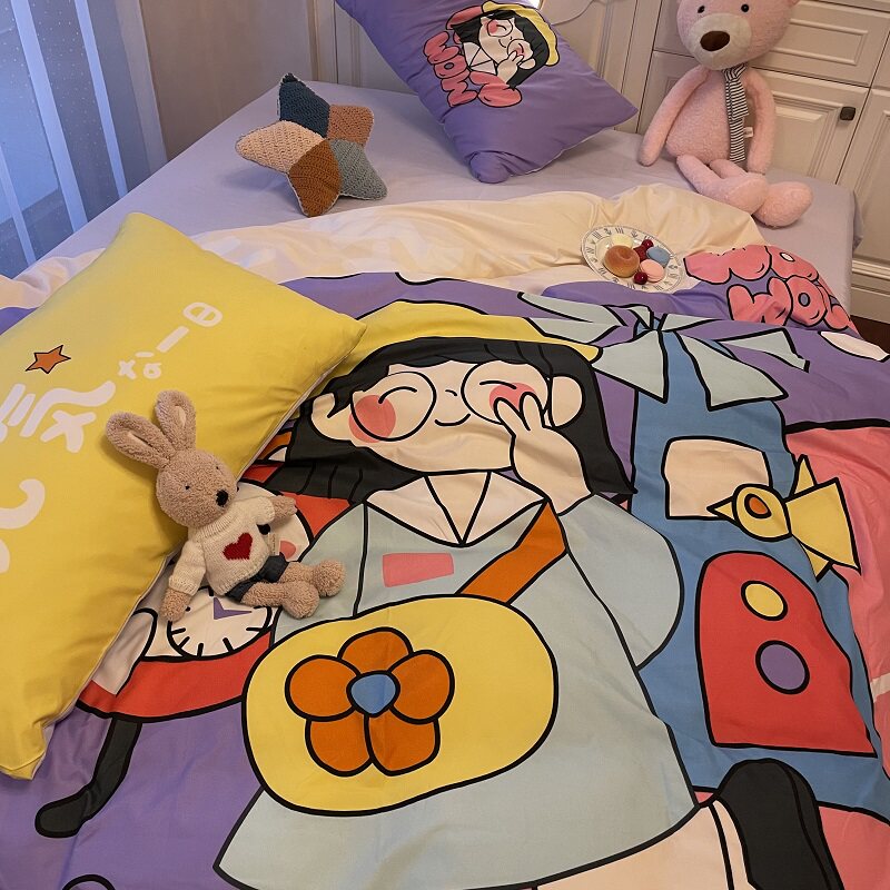 卡通风元气小姐姐床笠四件套二次元被套浅紫色床单学生宿舍三件套