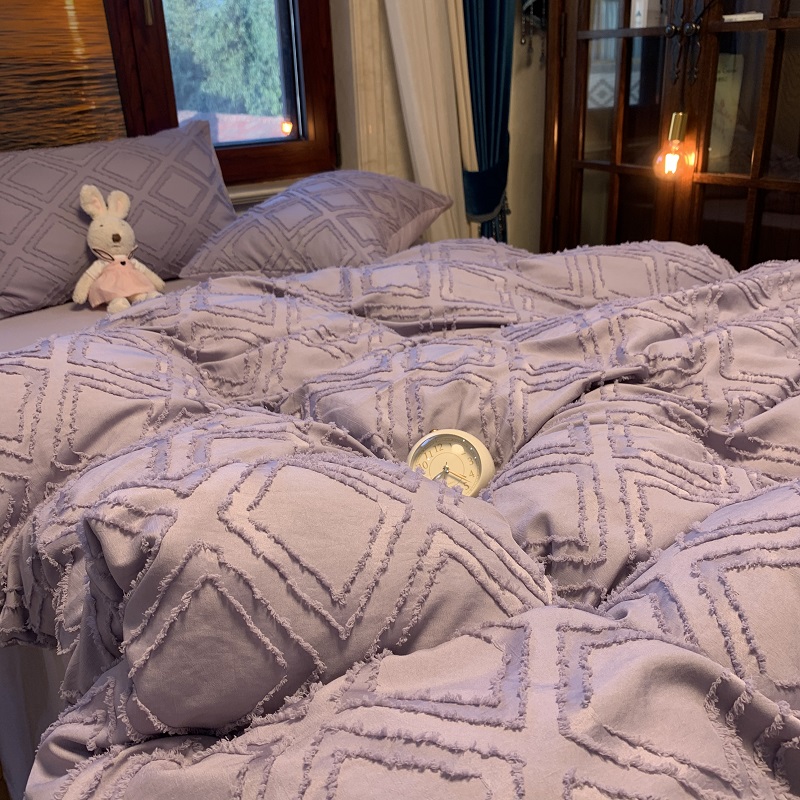 爆款韩式嫣紫剪花纯色被套床上四件套秋冬磨毛床单学生宿舍三件套