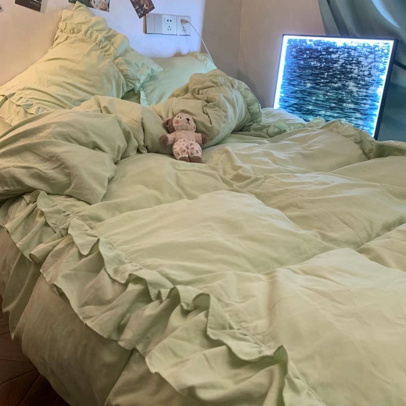 ins仙女奶油风绿色花边四件套水洗棉被套简约韩式1.5m1.8三件套秋