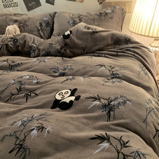 冬季牛奶绒四件套加绒水晶绒床单床笠款小熊猫被套三件套床上用品