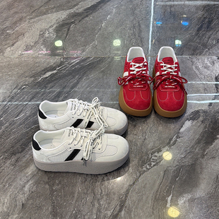 真皮厚底双色带摇摇鞋女2026春新款韩版圆头小白鞋显脚小休闲板鞋