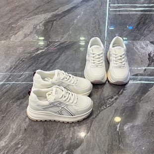 显脚小~真皮网面厚底老爹鞋女2026春新款超轻系带运动慢跑阿甘鞋