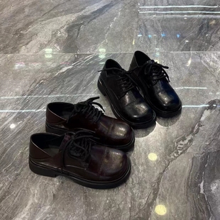 潮 英伦风厚底休闲小皮鞋 女2025春季 新款 圆头系带软底百搭浅口单鞋