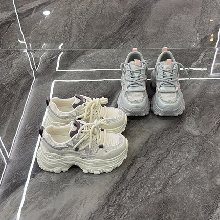 真皮网面厚底时尚老爹鞋女~2026春新款小个子7cm增高休闲运动鞋