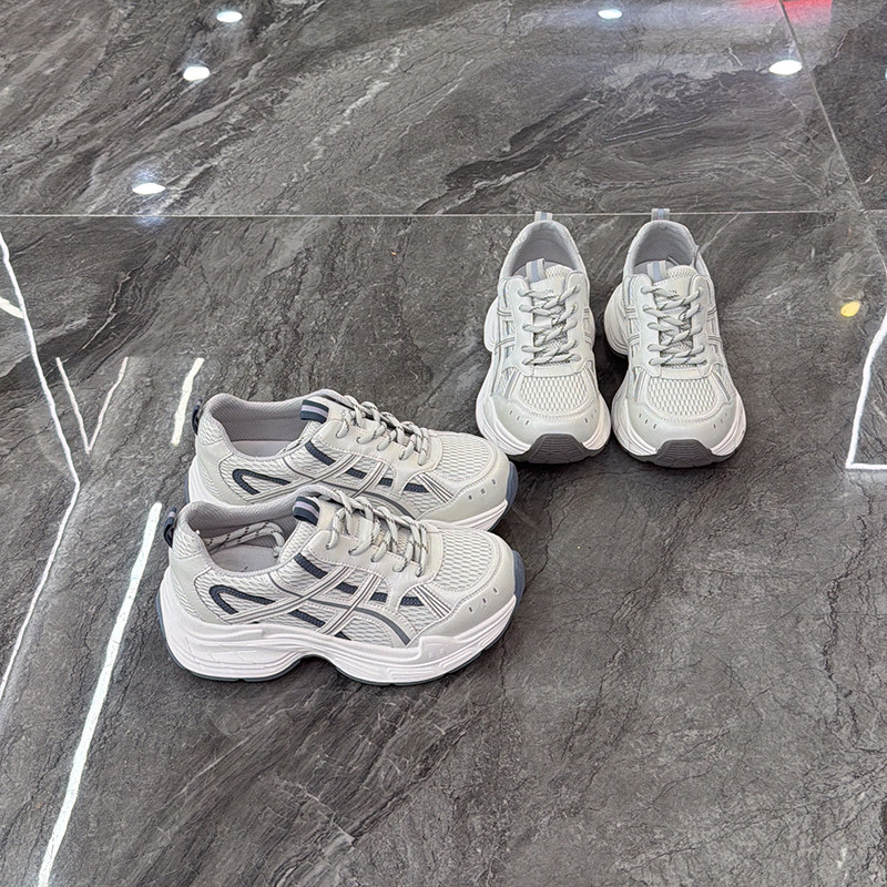 真皮网面厚底老爹鞋女2026春新款复古显脚小休闲鞋百搭灰色运动鞋