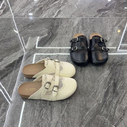 懒人爆款~一脚蹬包头半拖皮面款