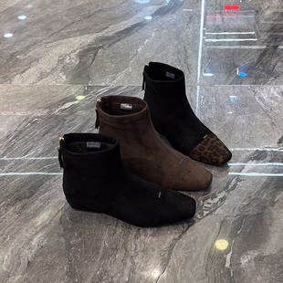 复古绒面小方头短靴女2025冬新款时髦豹纹瘦瘦靴后拉链时尚弹力靴