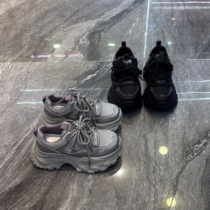 超轻~真皮网面闪亮水钻老爹鞋女2025秋款7cm增高显脚小休闲运动鞋