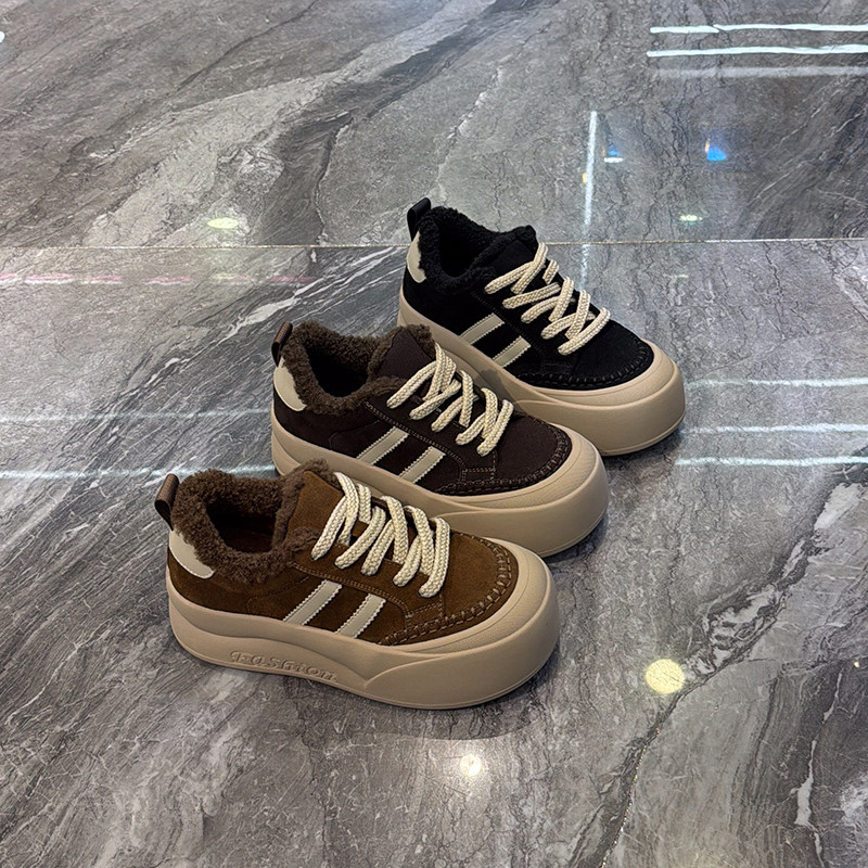 加绒保暖真皮厚底两杠德训鞋女2025秋冬新款轻便增高丑萌休闲板鞋,女鞋,休闲板鞋,淘宝优惠券,粉丝福利购,淘宝优惠卷